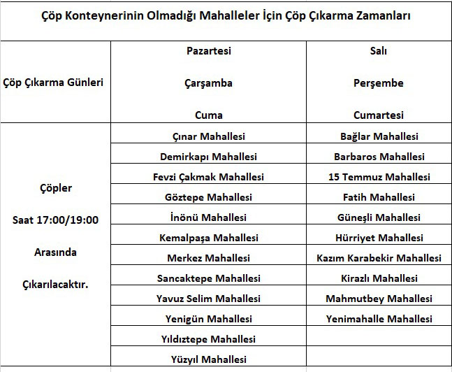 İlçe Geneli Çöp Toplama Zamanı ve Saatleri